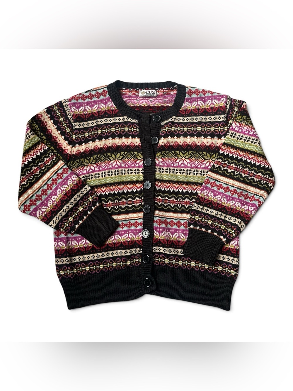 Vintage Tiara Black Multicolor Fair Isle Button-Front Cardigan Sz L